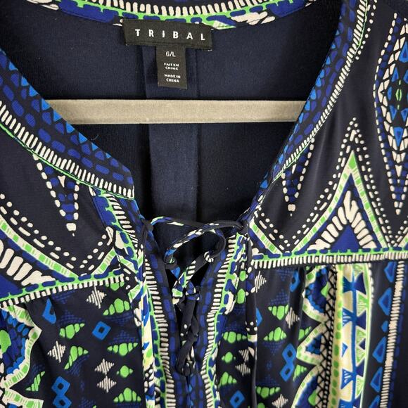 Tribal Blue Geometric 3/4 Sleeve Lightweight Stretchy Pullover Blouse Size 6L - Picture 3 of 5